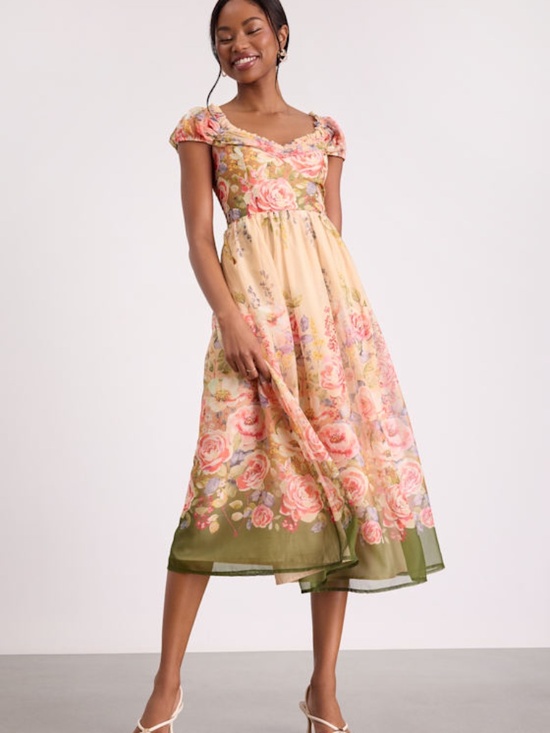 Lulus Dresses & Skirts - Lulus Celosia Peach Multi Floral Cap Sleeve Midi Dress Pink - Size L